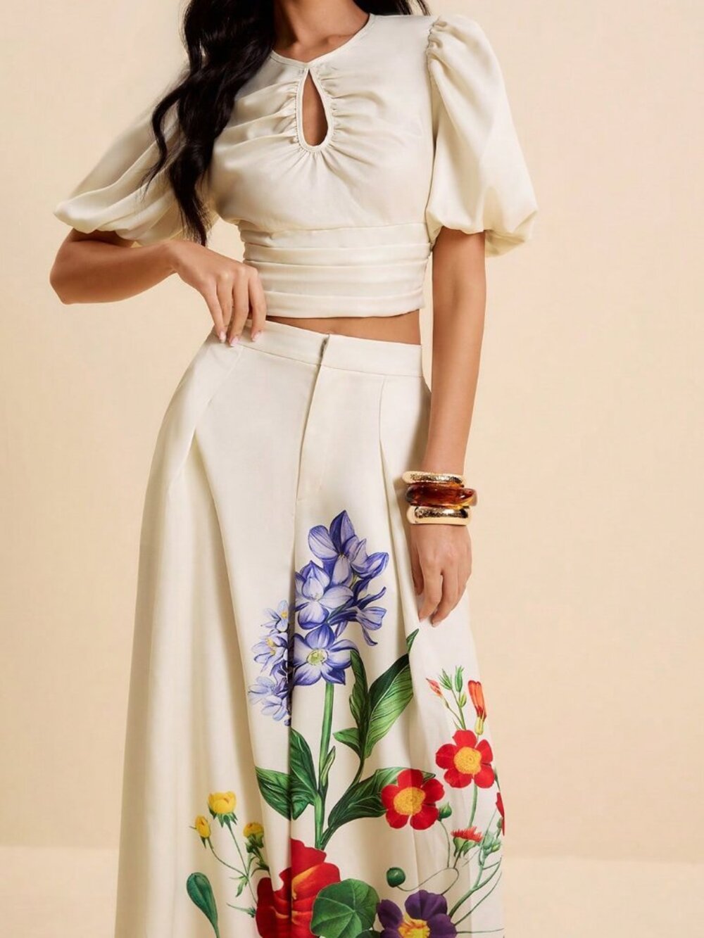 Apricot Elegant Women's top and floral pant Vacation coord Set - Picture 3 of 8